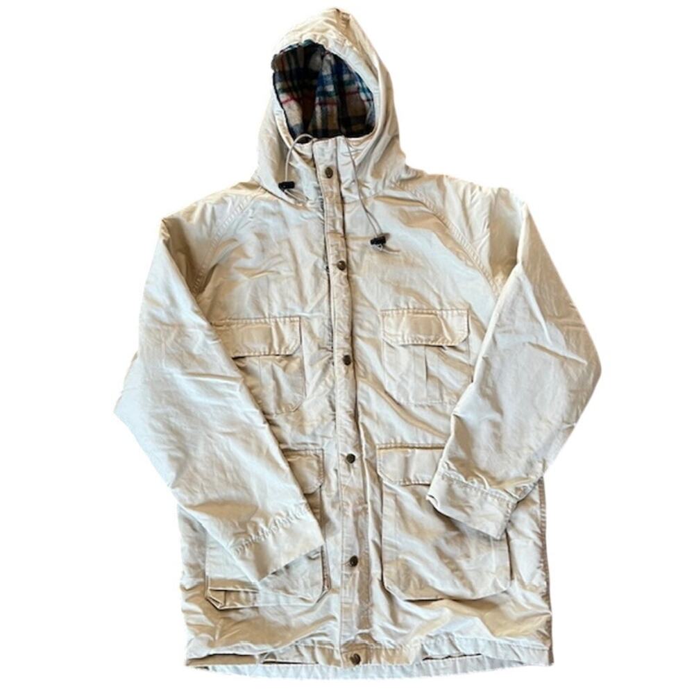VTG 80s Lands End Wool Lined Jacket Mens M Tan Hooded USA Parka Chore Barn Coat
